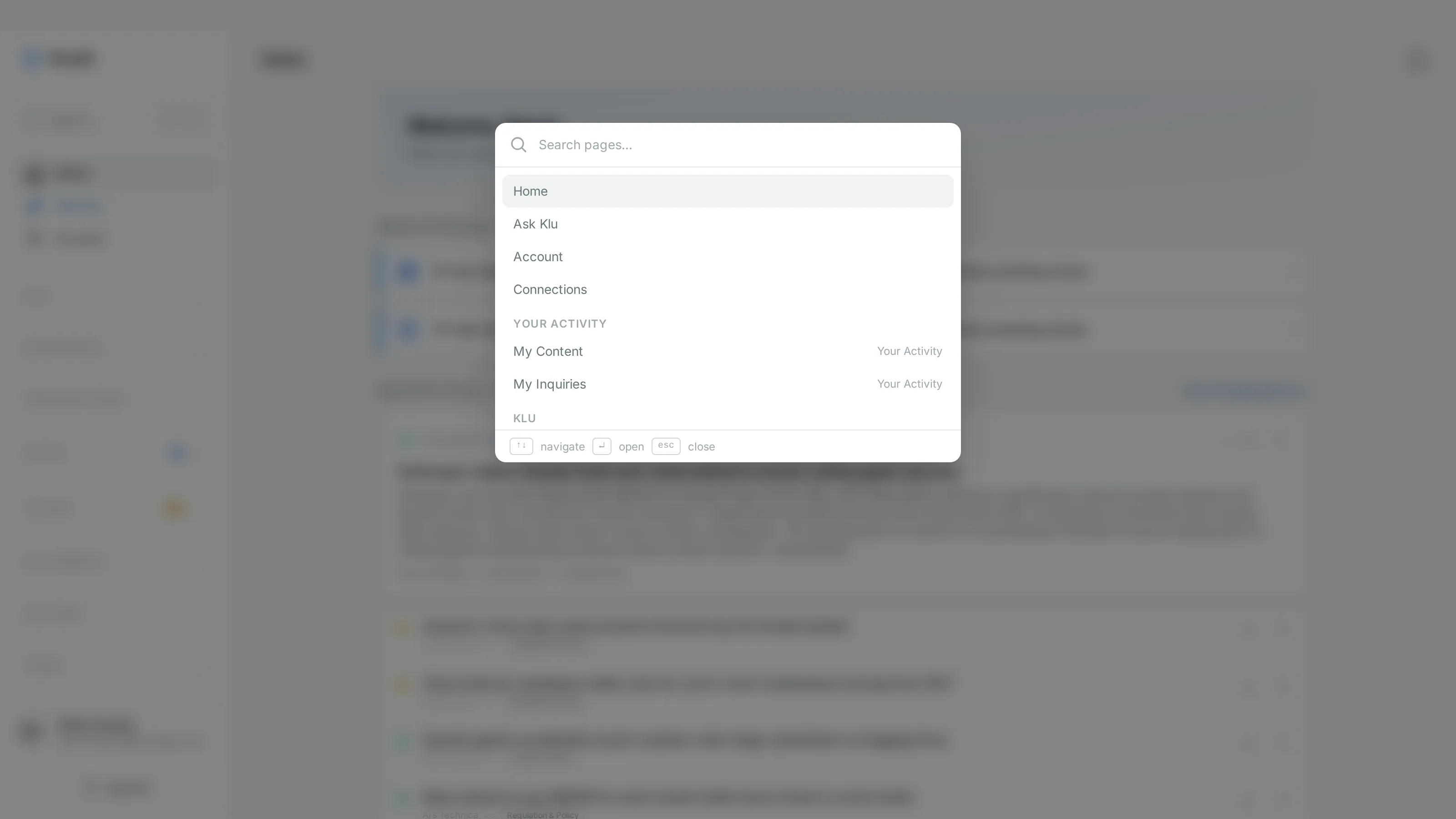 The command palette open over the Hub: a search field reading “Search pages”, a list of pages grouped by section, and keyboard hints along the bottom.