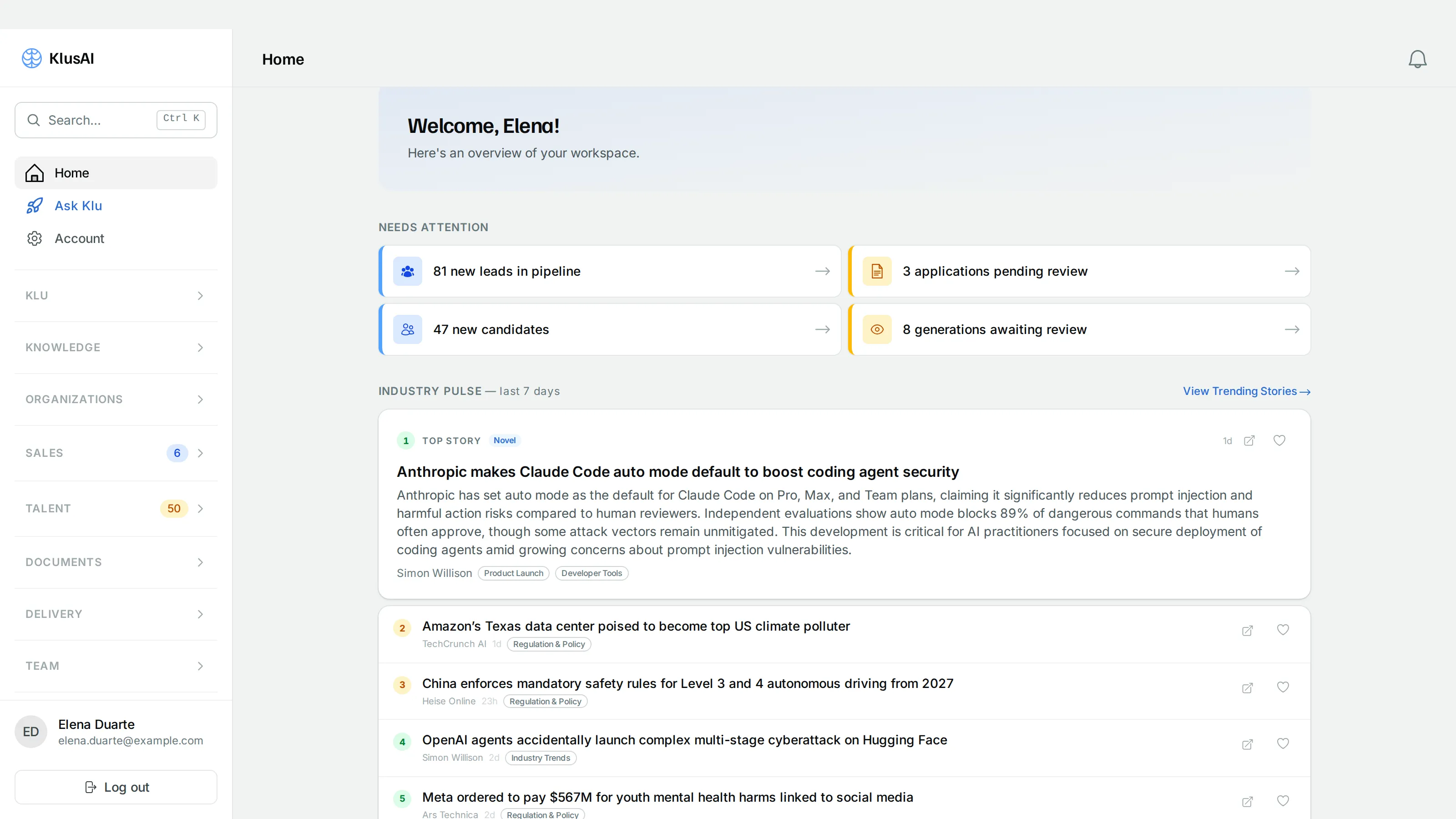 The Hub home page: a sidebar of module sections on the left, a “Needs attention” row of counts, and an industry news feed below.